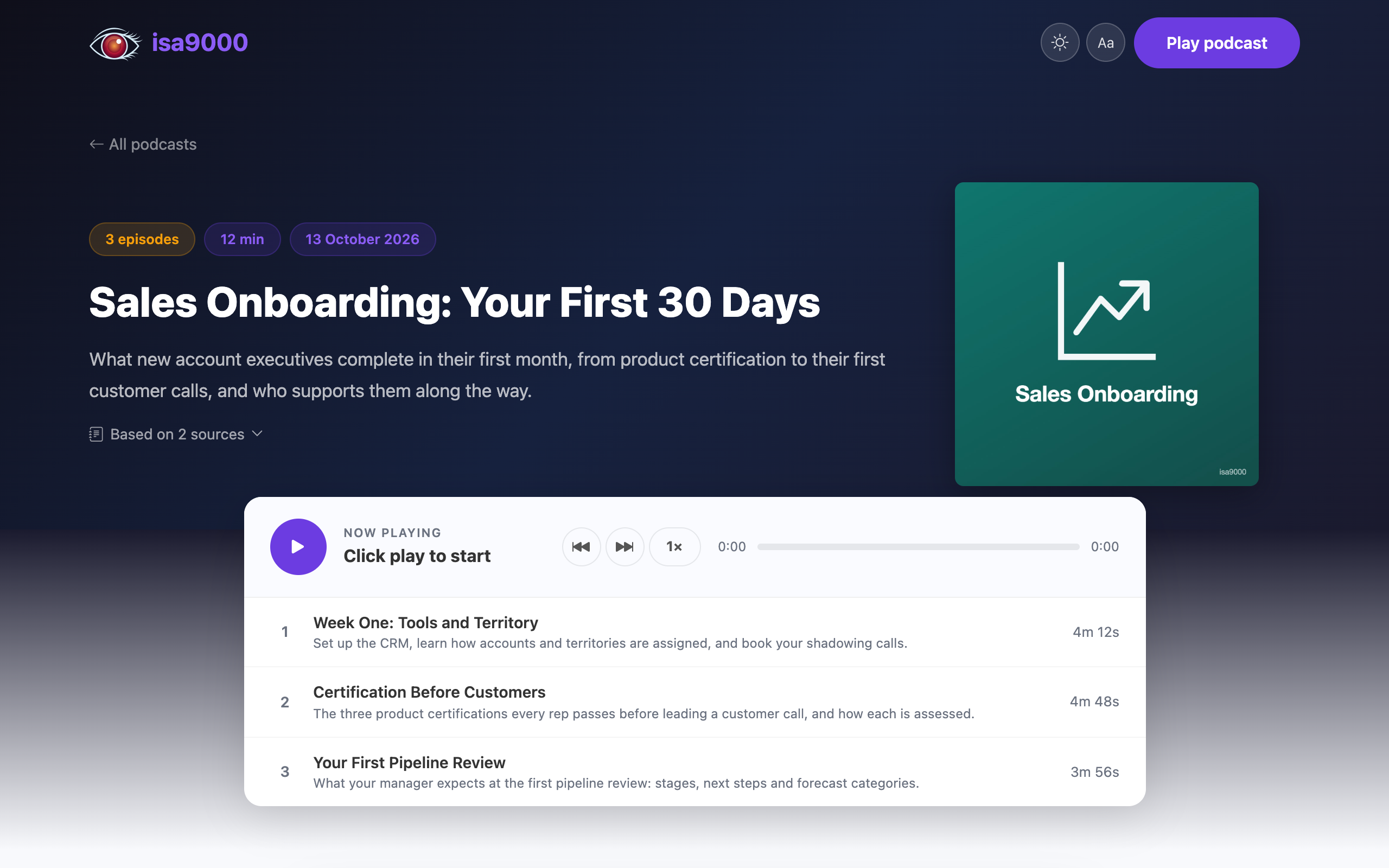 A podcast page with its cover and player